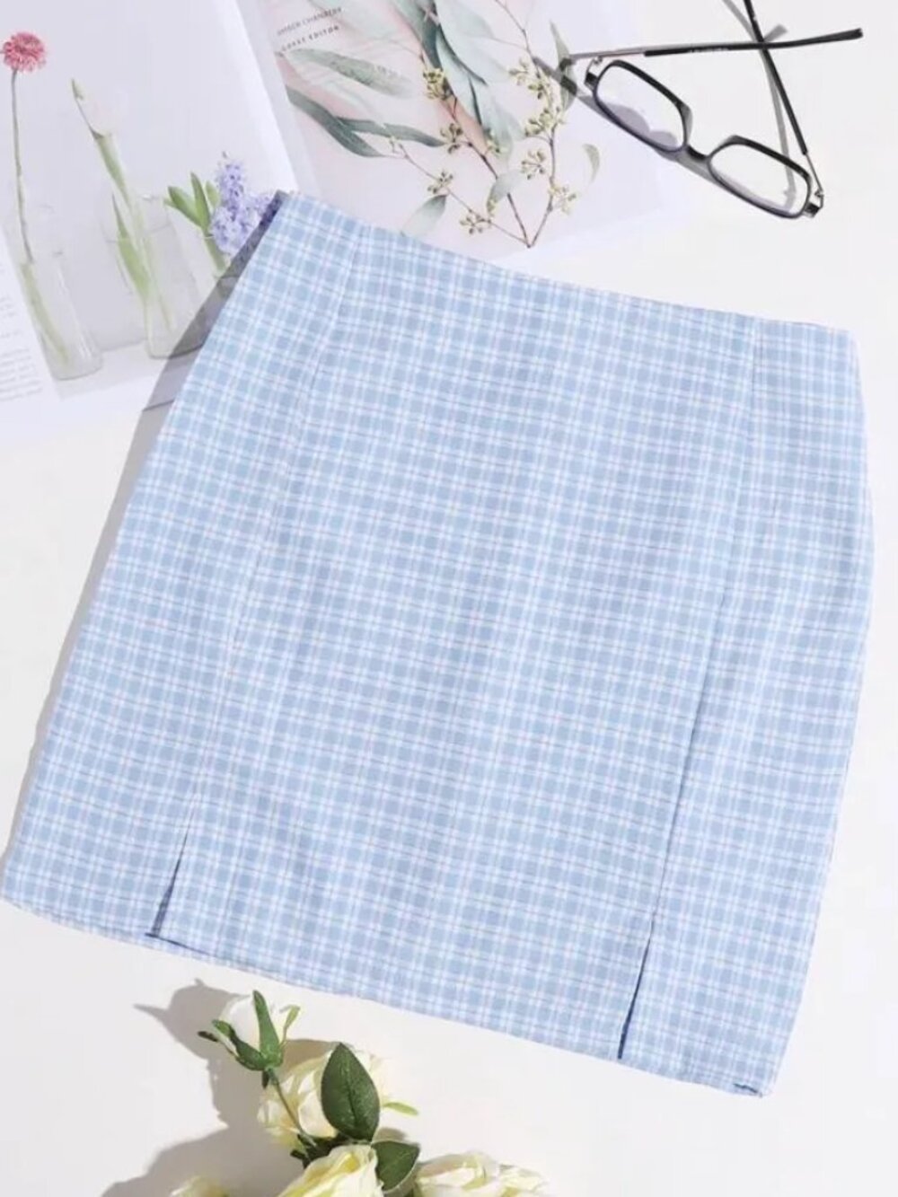 Shein Blue White Gingham Plaid Split Hem High Waist Mini Skirt
